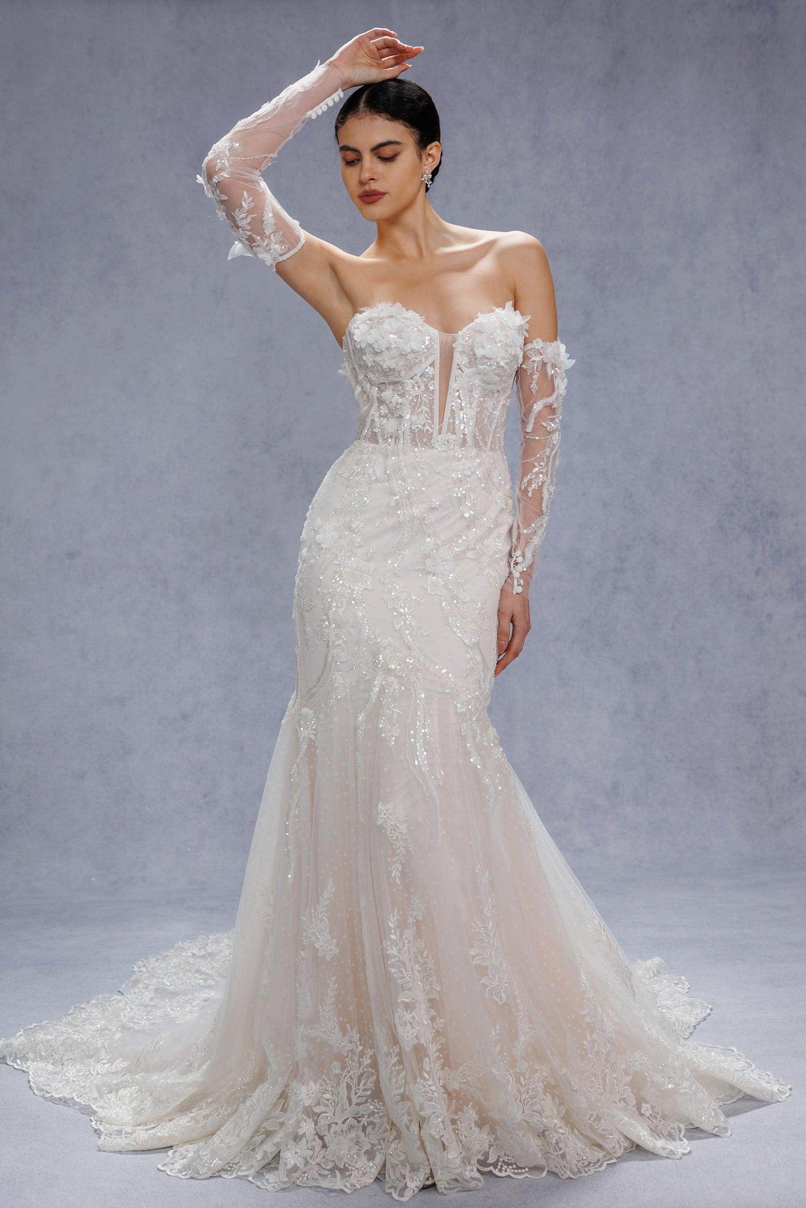 Trumpet-Mermaid Court Train Lace Tulle Wedding Dress CW3536 - COCOMELODY